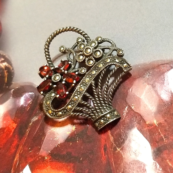 VTG GARNET Marcasite Sterling Basket Brooch - Picture 2 of 6